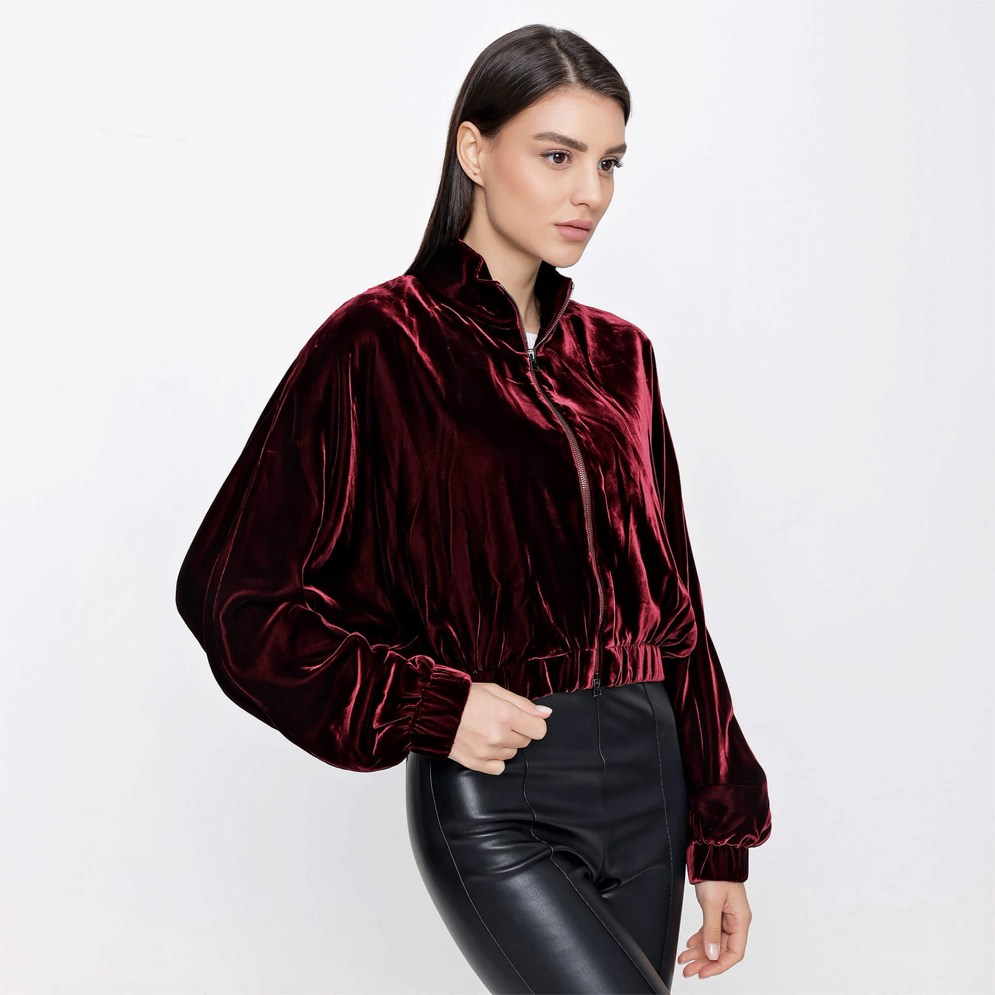 Tom Ford - Burgundy Velvet Stand Up Collar Zip Up Sweatshirt